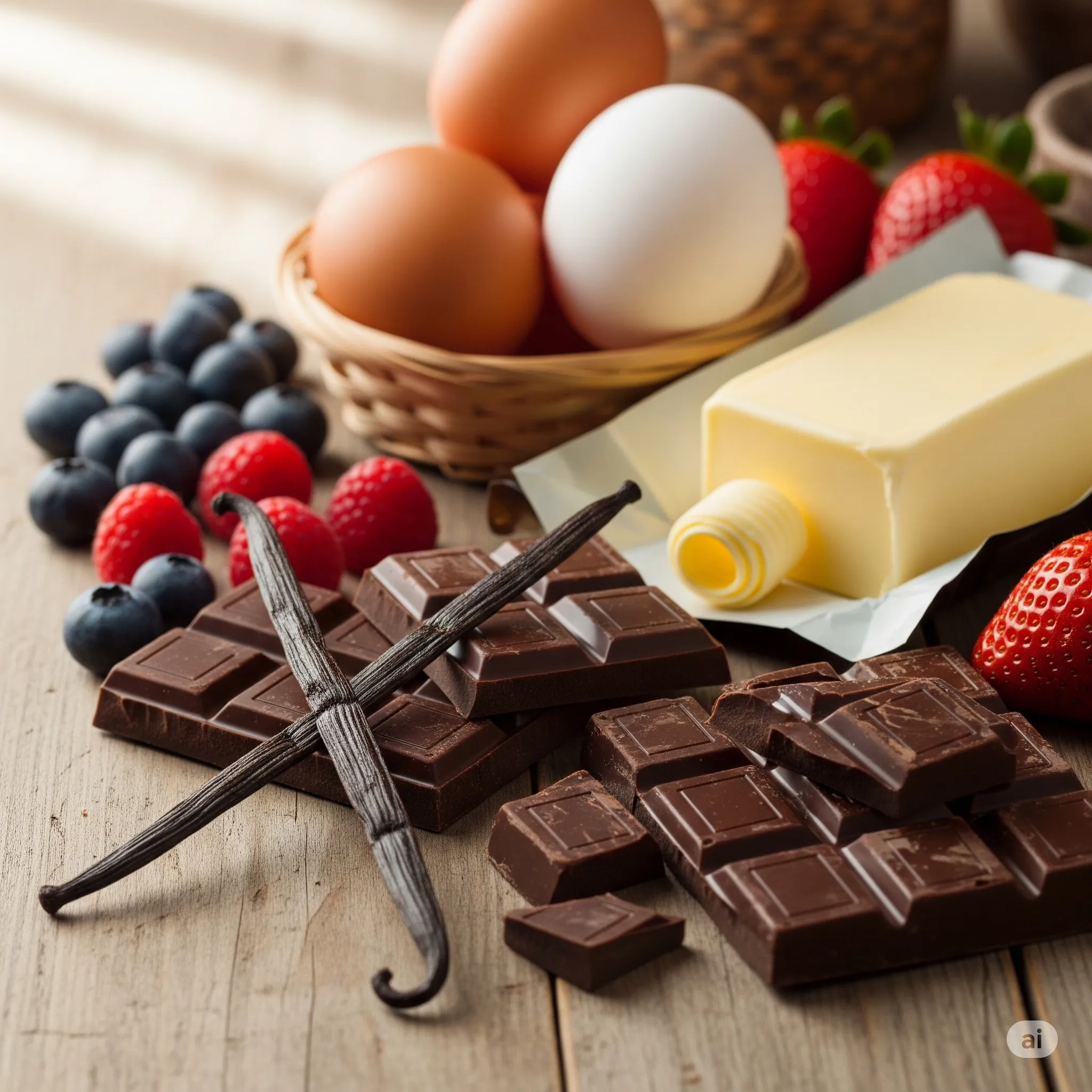 Photo d'ingrédients de qualité (œufs, vanille, beurre) pour pâtisserie