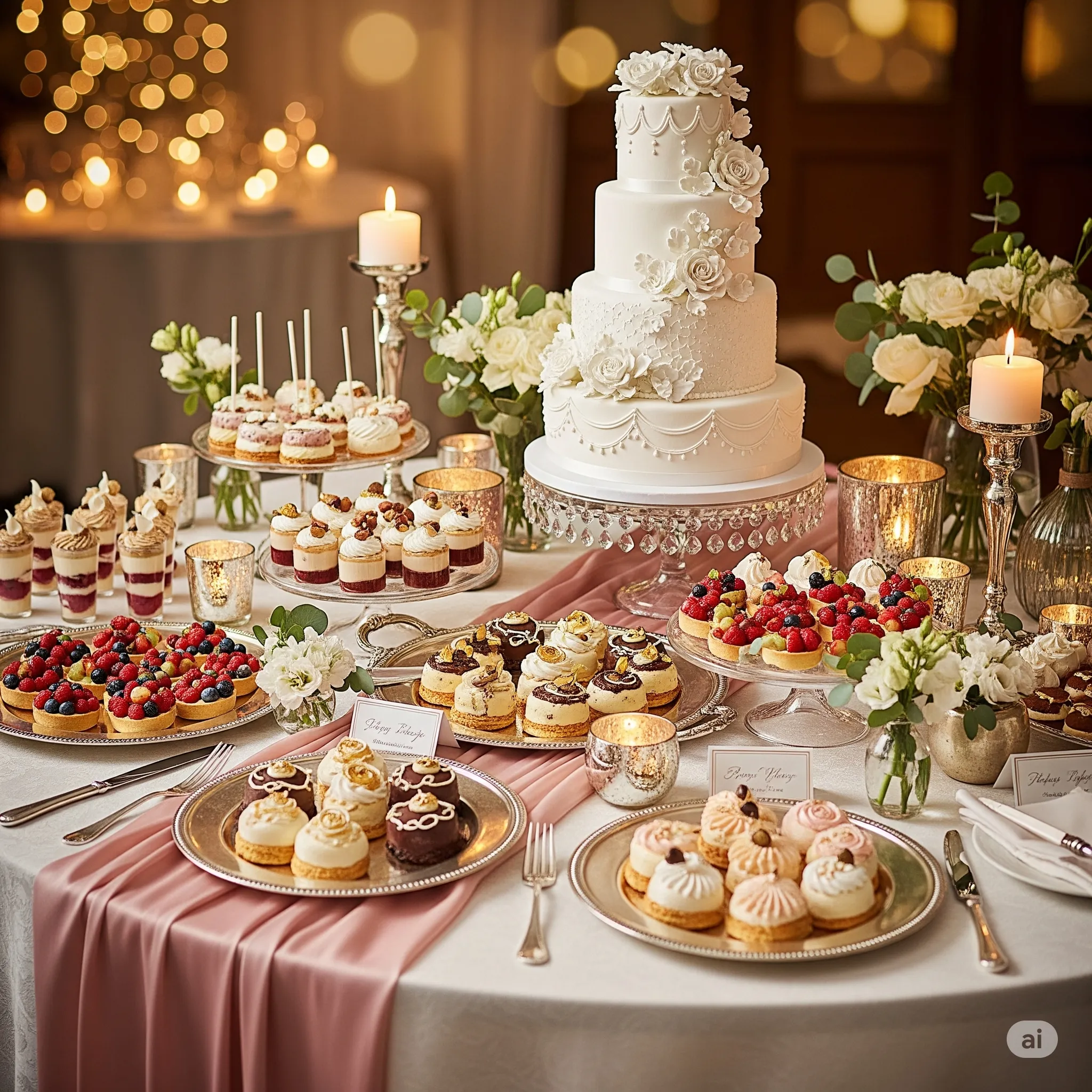 Photo d'une table de mariage avec un gâteau élégant et des desserts variés