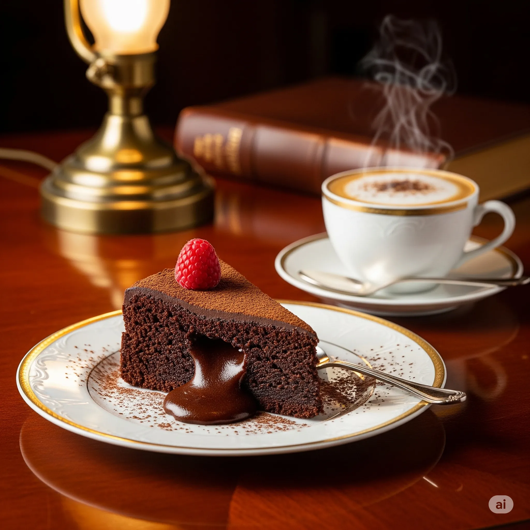 Photo d'un dessert raffiné avec une boisson chaude à côté (thé ou café)