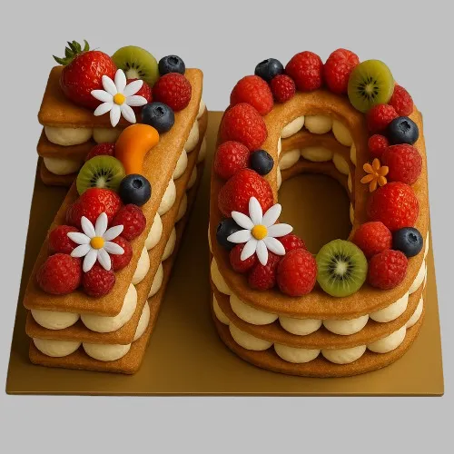 Number Cake 70 ans Gourmandise, décoré de fruits frais et fleurs comestibles