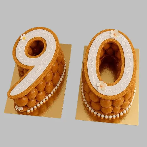 Number Cake 90 ans Douceur, choux et nougatine avec fleurs en sucre