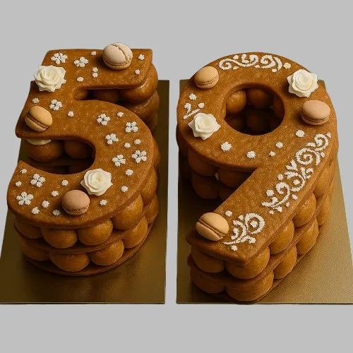 Number Cake 59 Douceur, choux dorés, fleurs blanches et macarons