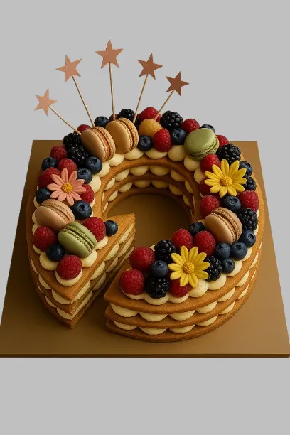 Number Cake Lettre G Gourmande avec crème légère, macarons et fleurs comestibles